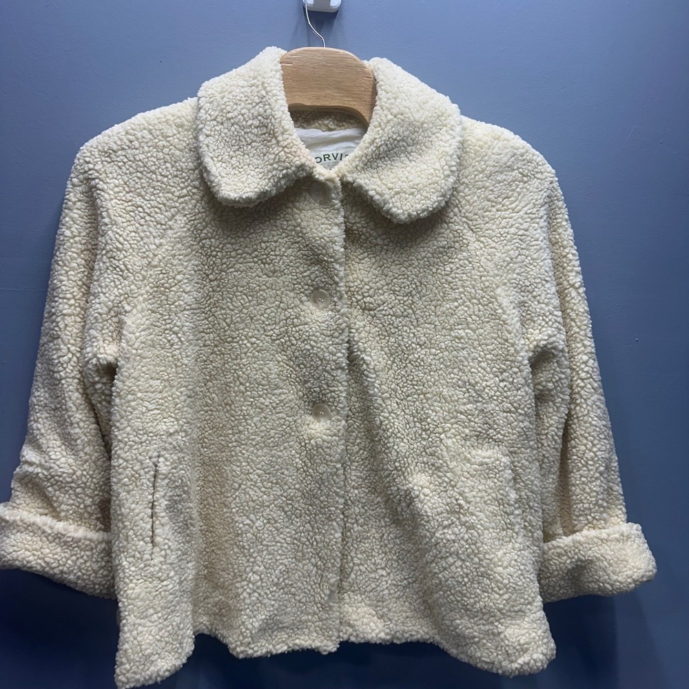 Orvis Womens Teddy Fleece Jacket Cream Collared Button Front Size XL